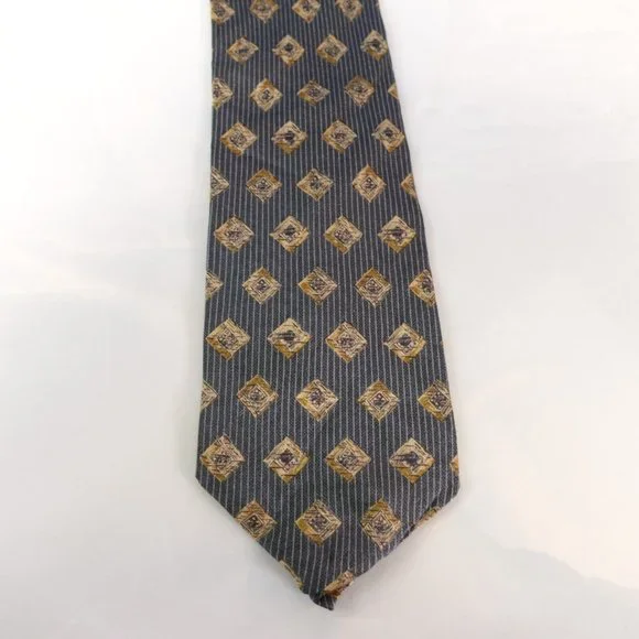 BRUTUS Men's Denim Blue Ivory Geometric Art Striped Necktie Silk Diamond Classic - Picture 4 of 10